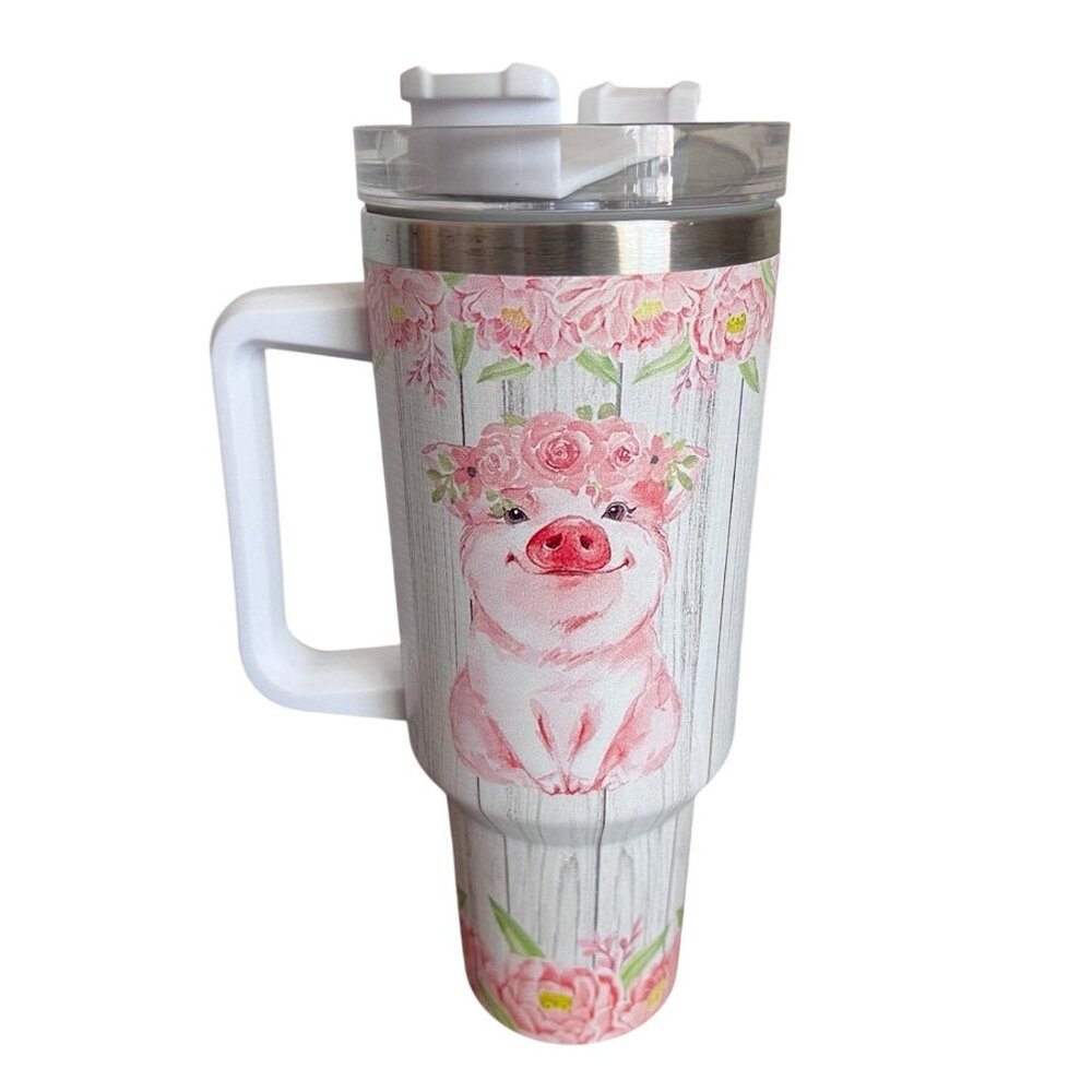 Custom Pink Floral Stainless Steel Insulated Tumbler W/ Handle & Lid Pig Design